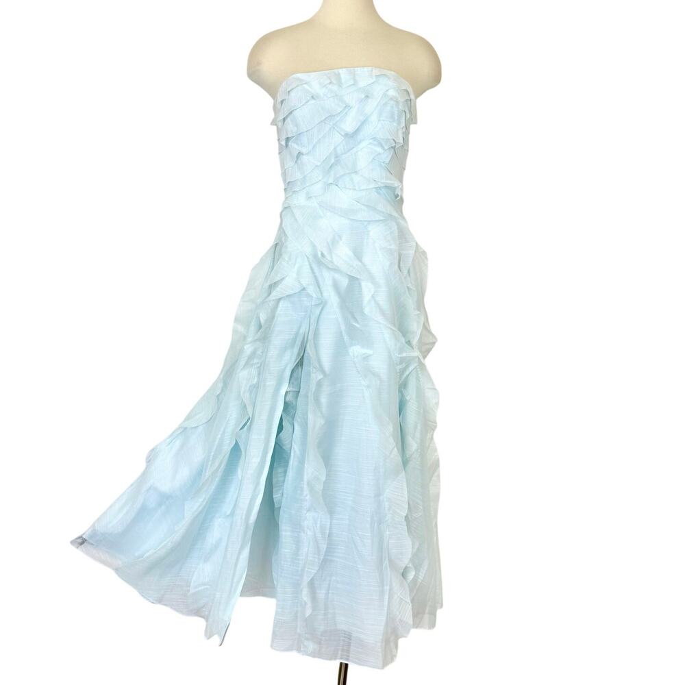 AJE Allairie Ruffle Gown Maxi Dress in Light Blue High Side Slit Strapless XS